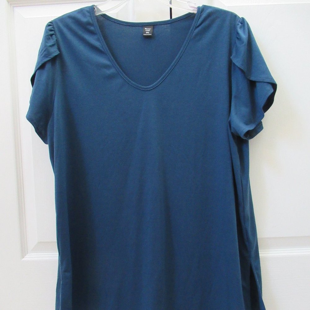 LADIES 0XL SHEIN BLUE SHORT SLEEVE SPLIT HEM SHIRT